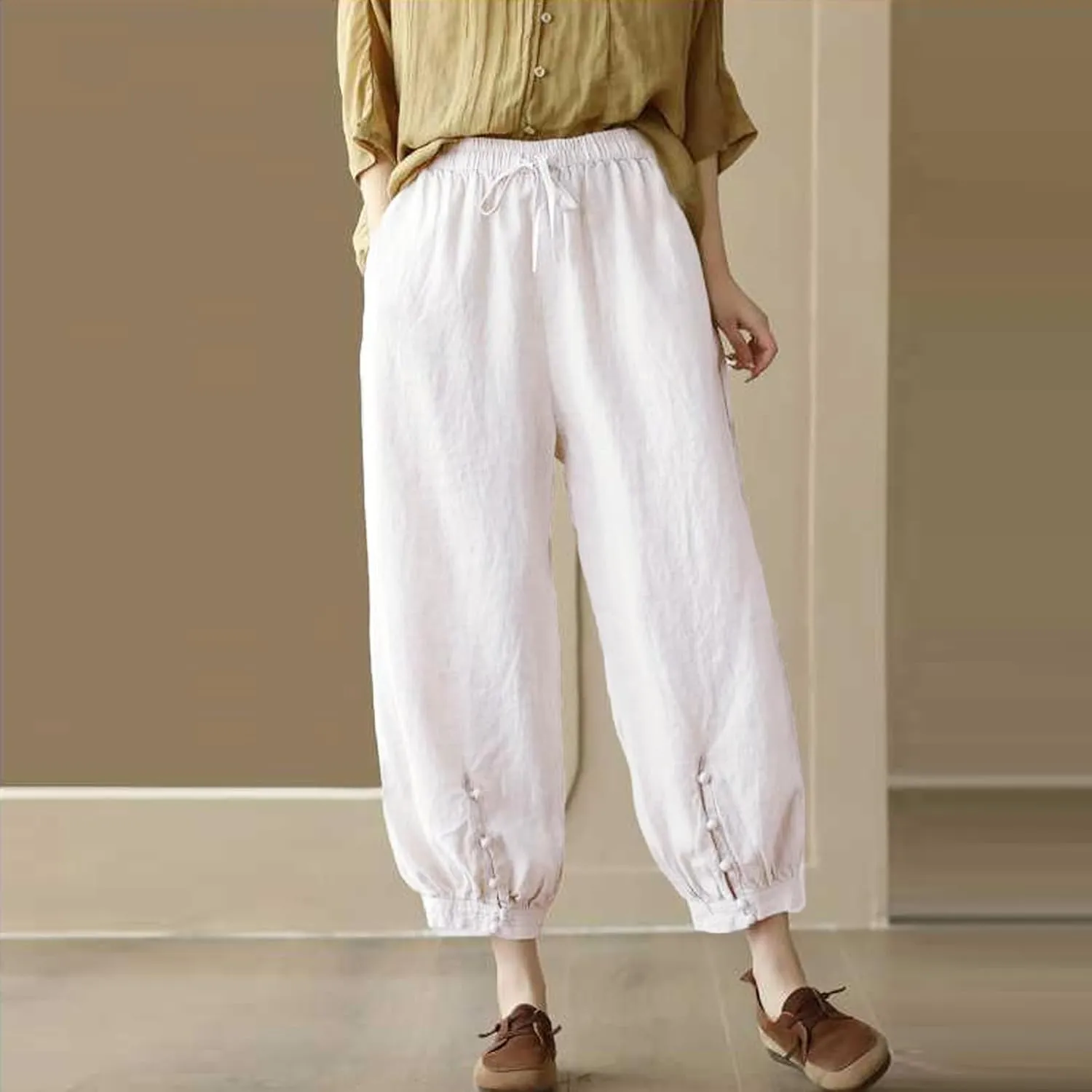 Womens Sweatpants, Straight Leg Striped Side Linen Peasant Pants Casual Elastic Waist