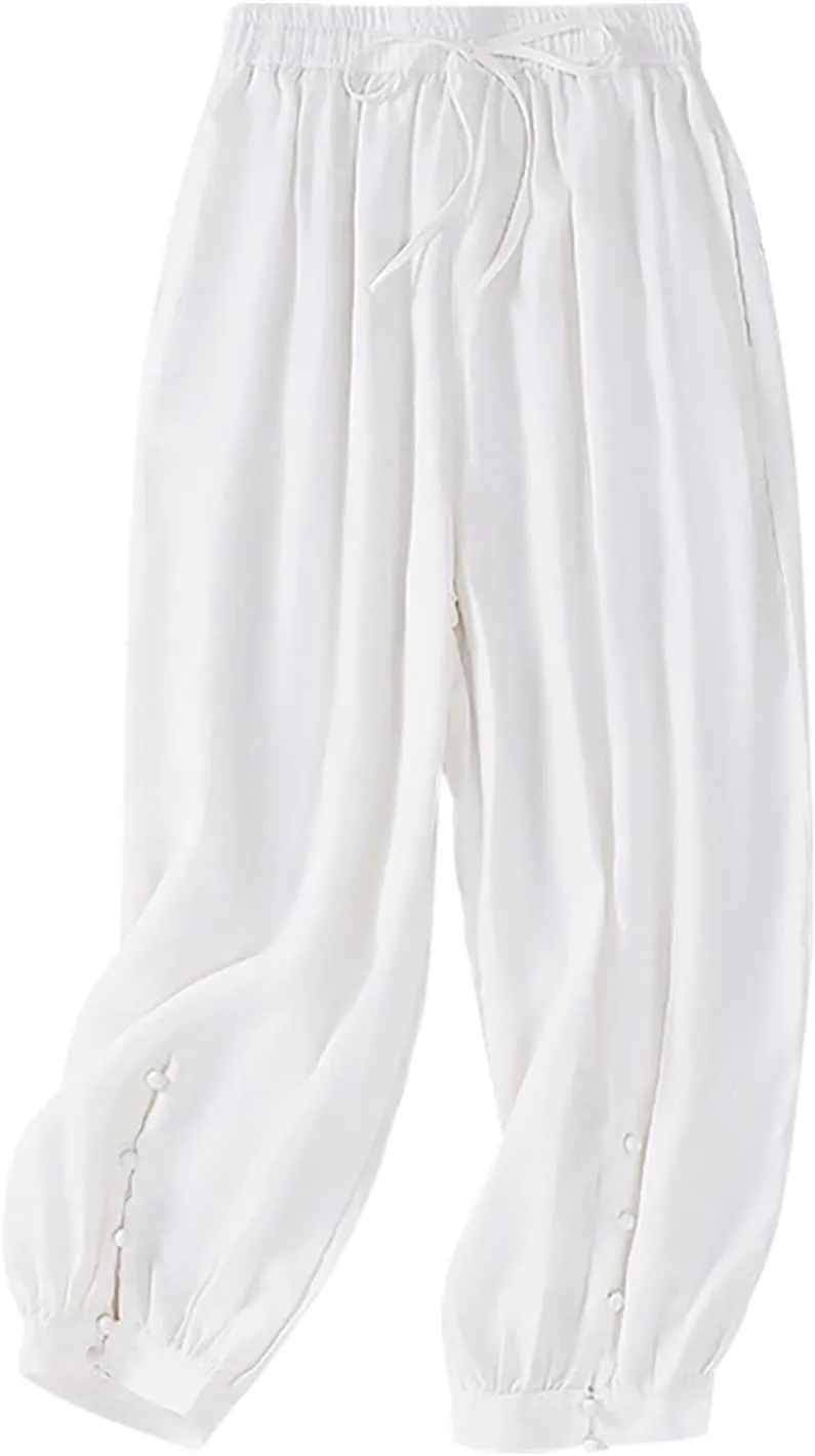 Womens Sweatpants, Straight Leg Striped Side Linen Peasant Pants Casual Elastic Waist