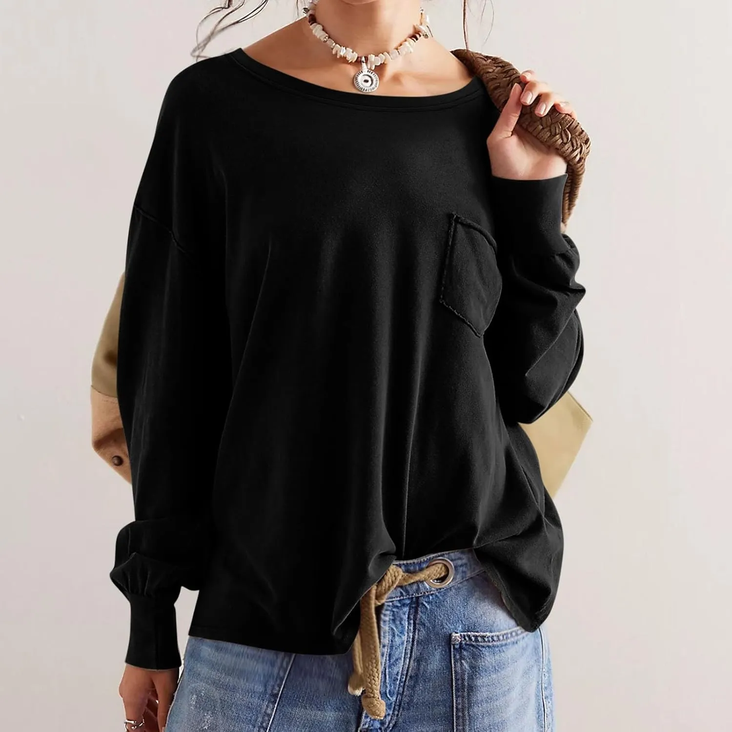 Womens Sweatshirts 2024 Casual Fall Tops Crewneck Long Sleeve Shirts Dropped Shoulder Loose Fit Basic T Shirts