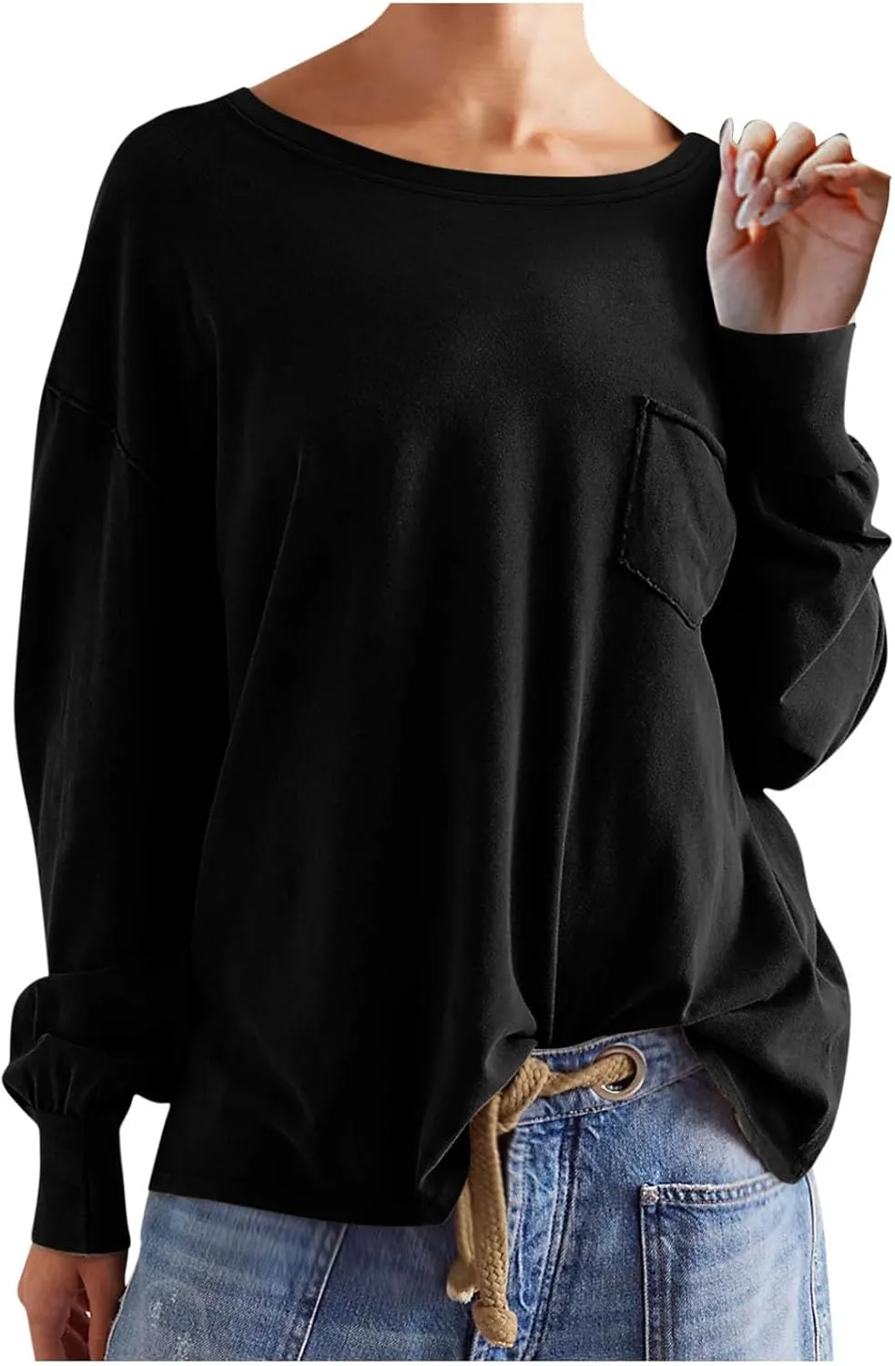 Womens Sweatshirts 2024 Casual Fall Tops Crewneck Long Sleeve Shirts Dropped Shoulder Loose Fit Basic T Shirts