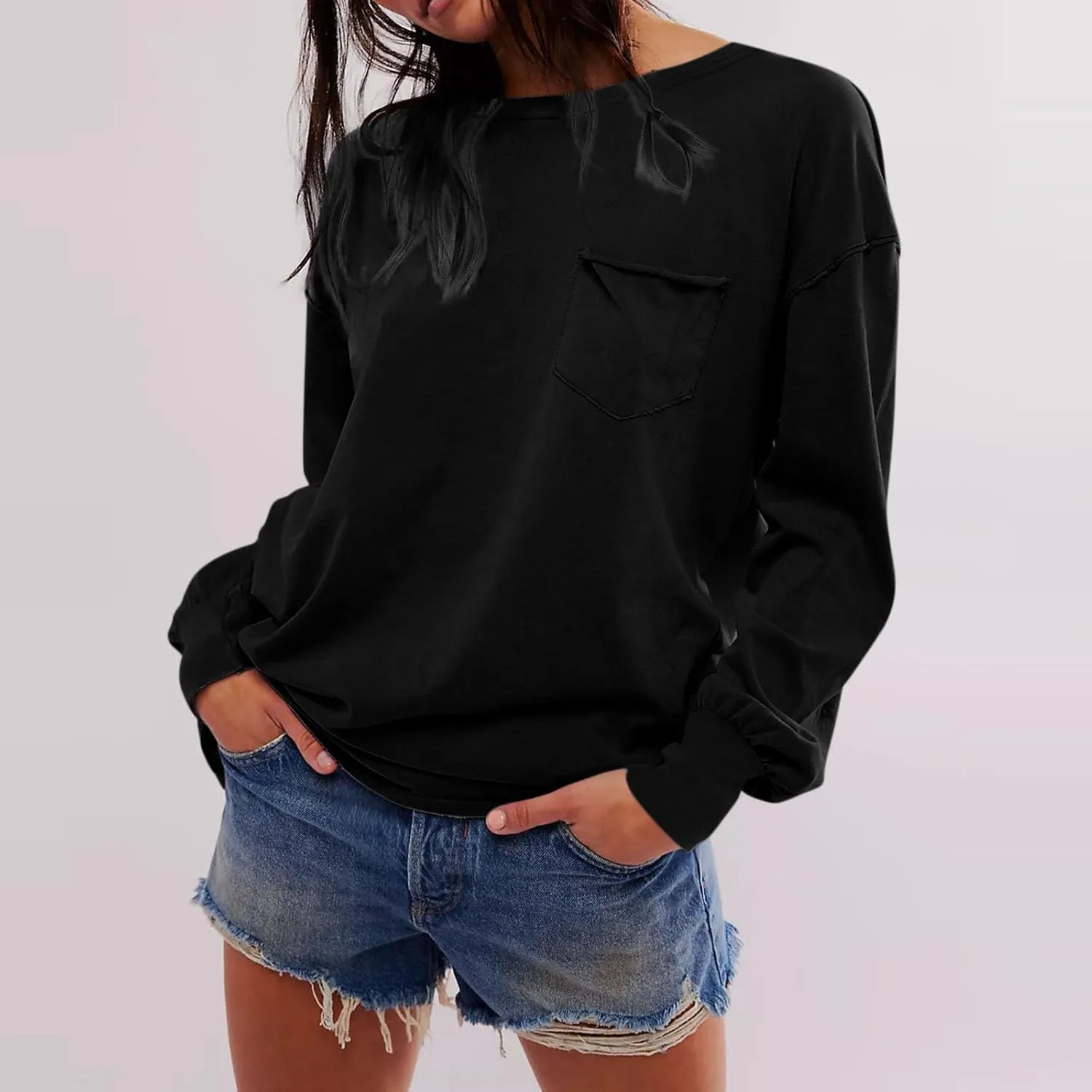 Womens Sweatshirts 2024 Casual Fall Tops Crewneck Long Sleeve Shirts Dropped Shoulder Loose Fit Basic T Shirts