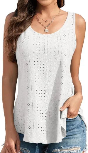 Womens Tank Tops for Women Flowy Sleeveless Embroidery Eyelet Top Loose Fit Casual Summer Shirts