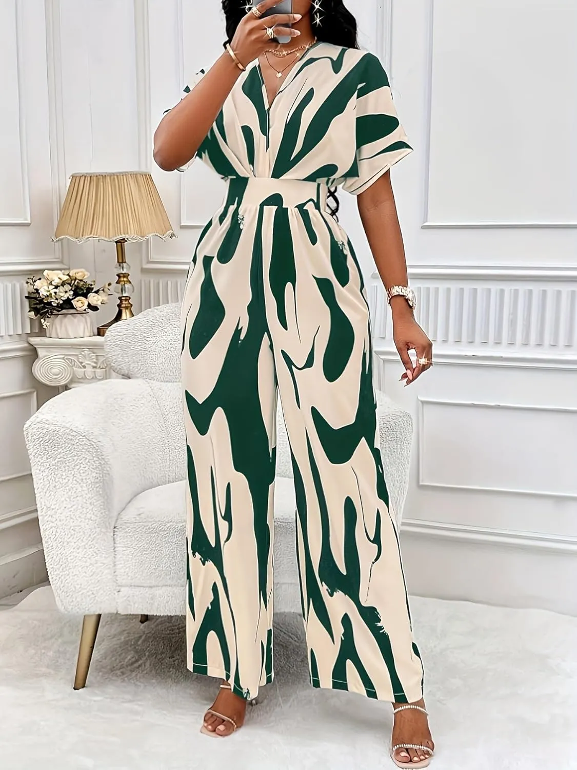 Women's V-Neck Short-Sleeve Abstract Print Jumpsuit - Elastic Waist & Wide-Leg Pants