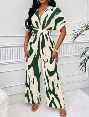 Women's V-Neck Short-Sleeve Abstract Print Jumpsuit - Elastic Waist & Wide-Leg Pants