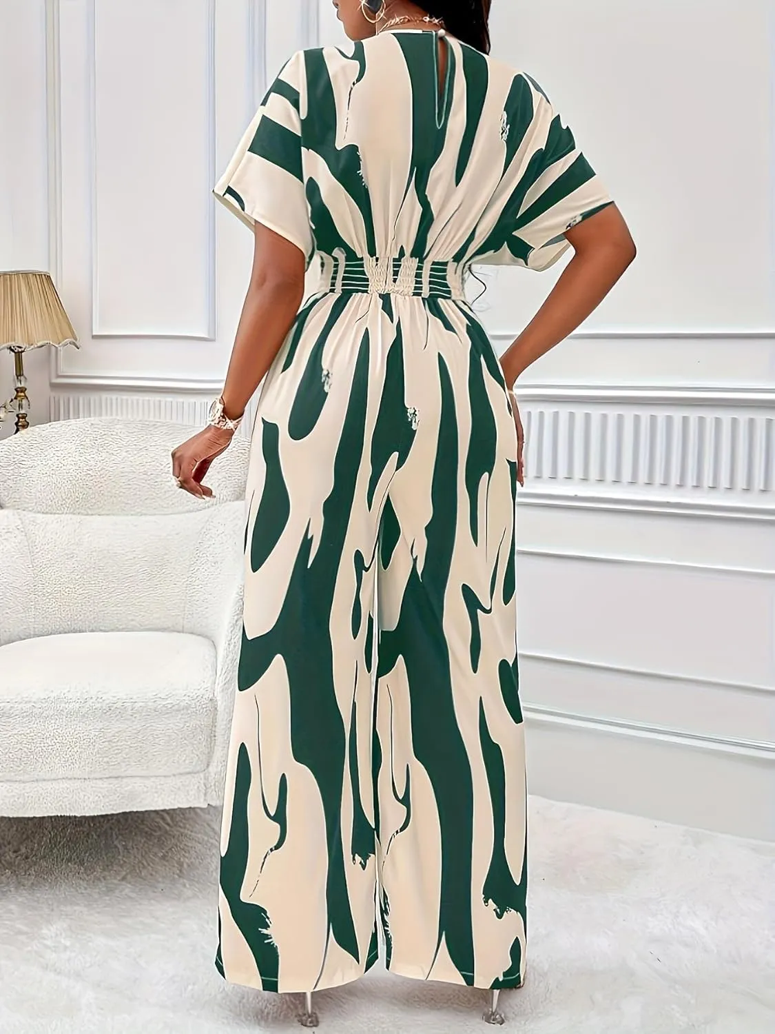 Women's V-Neck Short-Sleeve Abstract Print Jumpsuit - Elastic Waist & Wide-Leg Pants