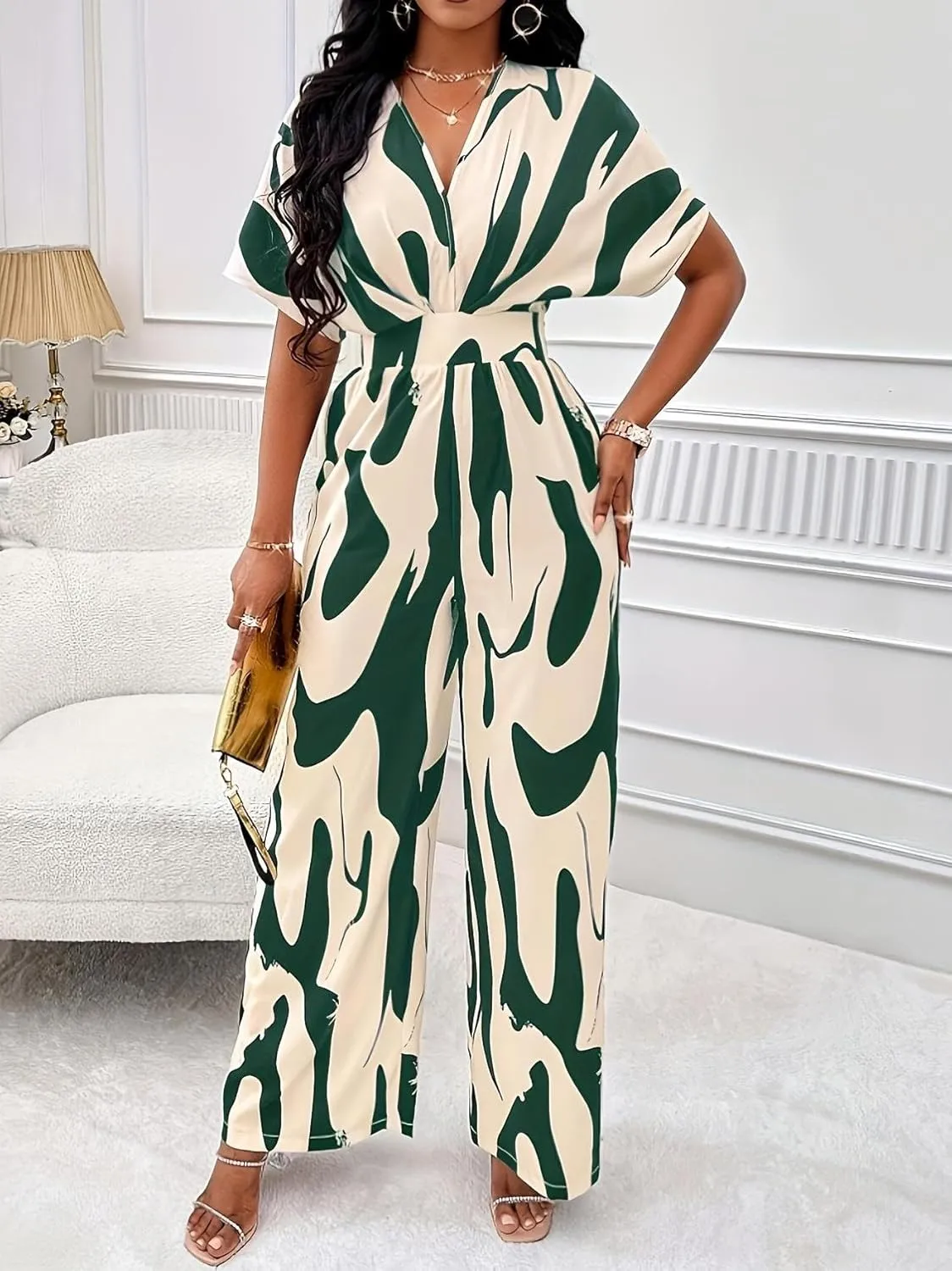 Women's V-Neck Short-Sleeve Abstract Print Jumpsuit - Elastic Waist & Wide-Leg Pants
