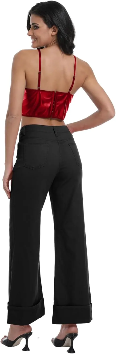 Women's Wide Leg Cuffed Jeans High Waisted Stretchy Casual Comfort Fit Denim Pants