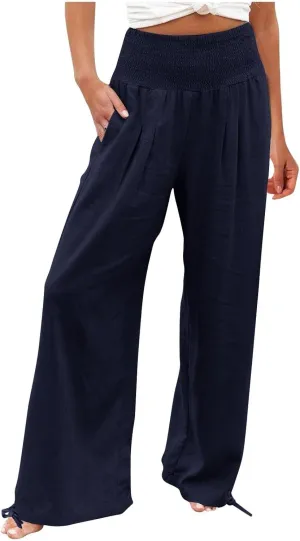 Women's Wide Leg Pants Summer 2025 Pleated Elastic Waist Linen Casual Lounge Pant 2025 Palazzo Trousers Loose Outfits