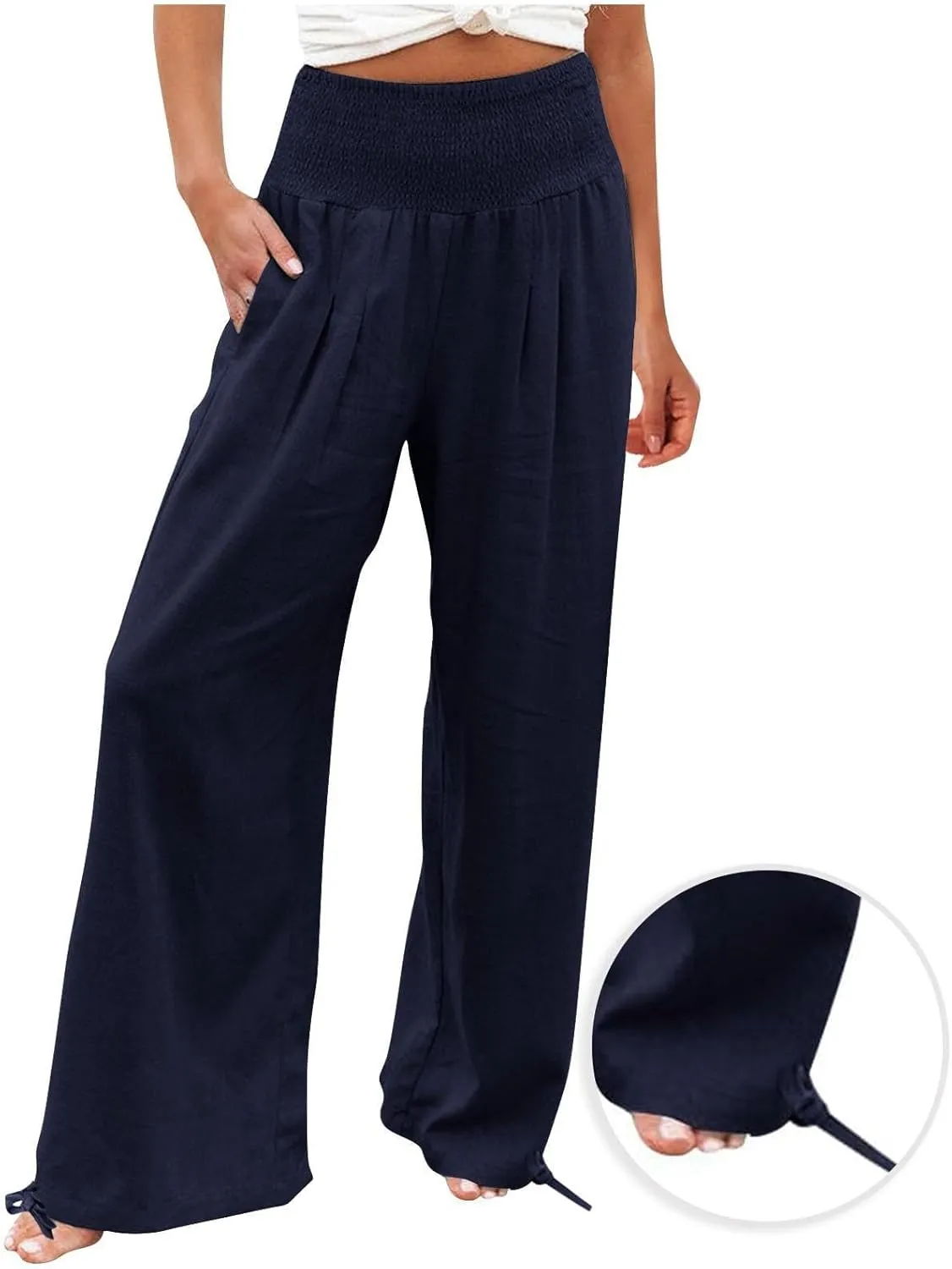 Women's Wide Leg Pants Summer 2025 Pleated Elastic Waist Linen Casual Lounge Pant 2025 Palazzo Trousers Loose Outfits