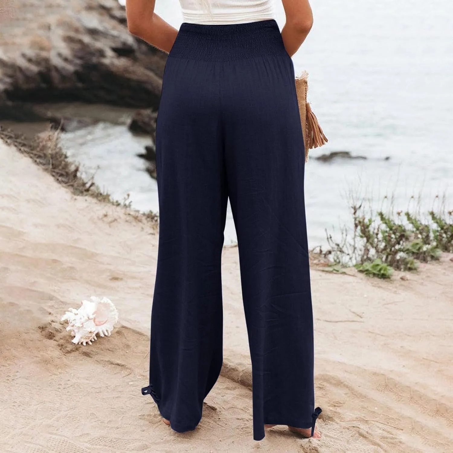 Women's Wide Leg Pants Summer 2025 Pleated Elastic Waist Linen Casual Lounge Pant 2025 Palazzo Trousers Loose Outfits