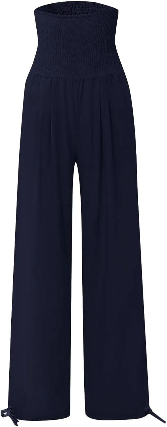 Women's Wide Leg Pants Summer 2025 Pleated Elastic Waist Linen Casual Lounge Pant 2025 Palazzo Trousers Loose Outfits