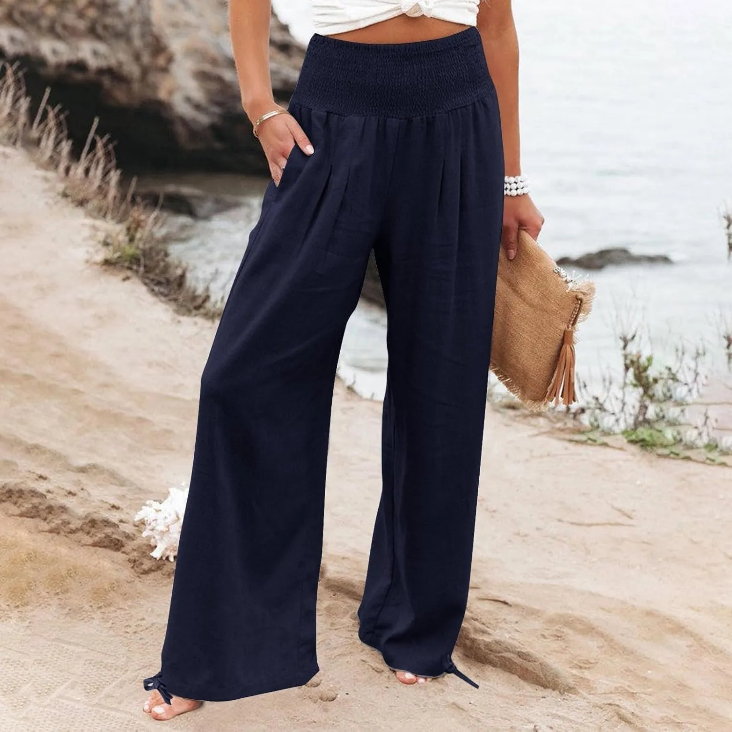 Women's Wide Leg Pants Summer 2025 Pleated Elastic Waist Linen Casual Lounge Pant 2025 Palazzo Trousers Loose Outfits