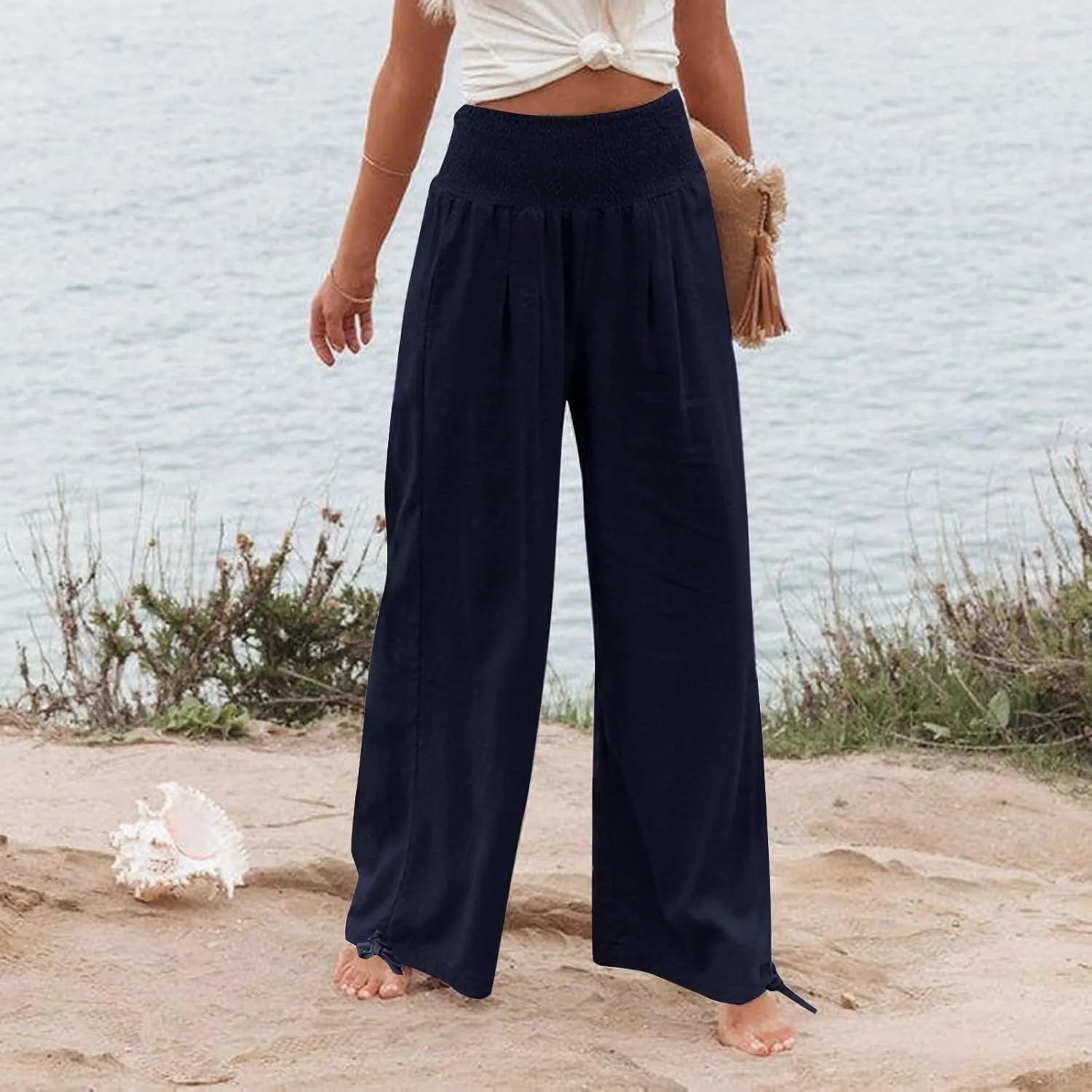 Women's Wide Leg Pants Summer 2025 Pleated Elastic Waist Linen Casual Lounge Pant 2025 Palazzo Trousers Loose Outfits