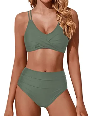 Wrap Sexy Women's High Waisted Bikini Set Push Up Two Piece Swimsuits-Army Green