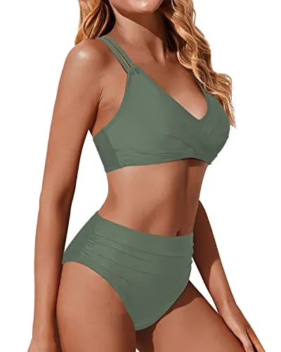 Wrap Sexy Women's High Waisted Bikini Set Push Up Two Piece Swimsuits-Army Green