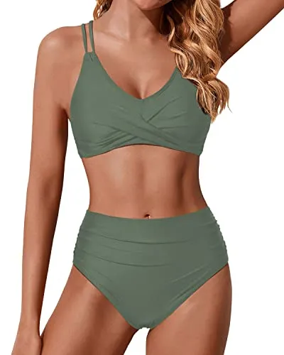 Wrap Sexy Women's High Waisted Bikini Set Push Up Two Piece Swimsuits-Army Green