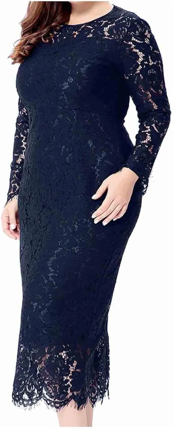 XUNRYAN Womens Plus Size Floral Lace Long Sleeve Round Neck Elegant Bodycon Midi Dress Cocktail Wedding Guest Dresses Gown