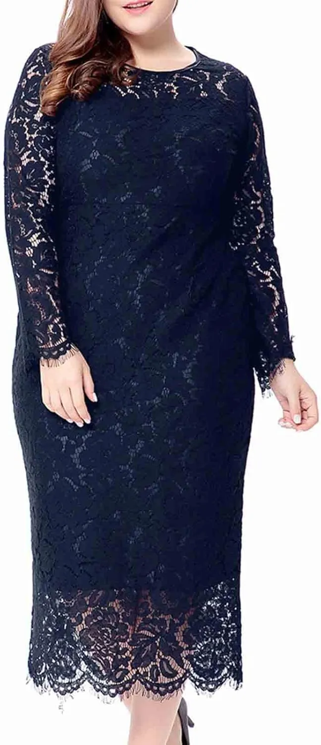 XUNRYAN Womens Plus Size Floral Lace Long Sleeve Round Neck Elegant Bodycon Midi Dress Cocktail Wedding Guest Dresses Gown