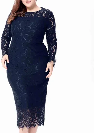 XUNRYAN Womens Plus Size Floral Lace Long Sleeve Round Neck Elegant Bodycon Midi Dress Cocktail Wedding Guest Dresses Gown