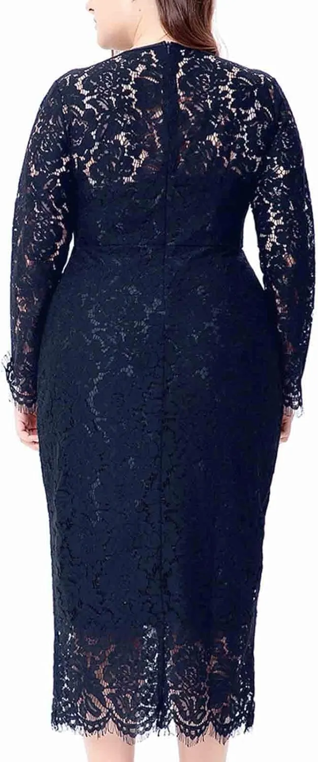 XUNRYAN Womens Plus Size Floral Lace Long Sleeve Round Neck Elegant Bodycon Midi Dress Cocktail Wedding Guest Dresses Gown