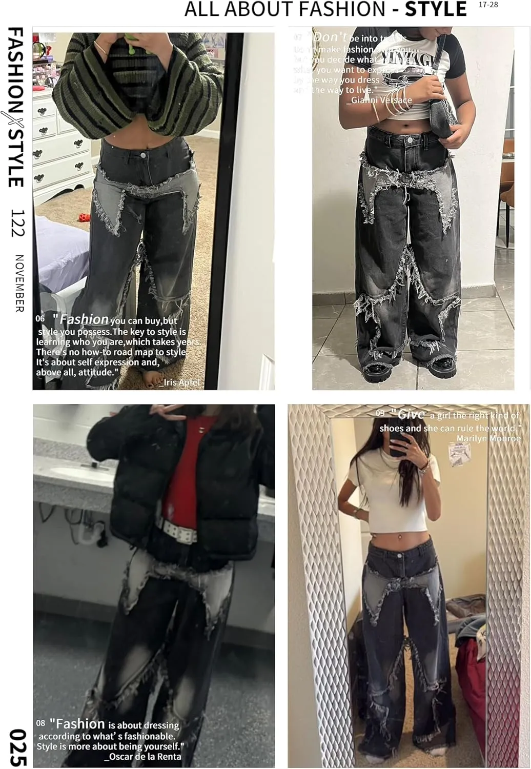 Y2K Baggy Jeans for Women Girls Star Patchwork Wide Leg Raw Hem Denim Pants Hip Hop Streetwear Preppy Clothes