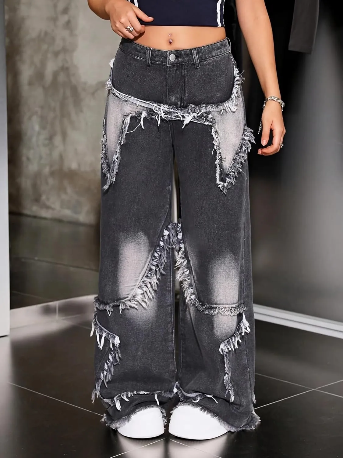 Y2K Baggy Jeans for Women Girls Star Patchwork Wide Leg Raw Hem Denim Pants Hip Hop Streetwear Preppy Clothes