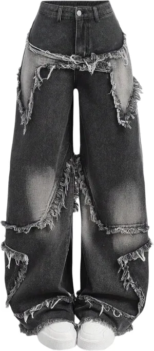 Y2K Baggy Jeans for Women Girls Star Patchwork Wide Leg Raw Hem Denim Pants Hip Hop Streetwear Preppy Clothes