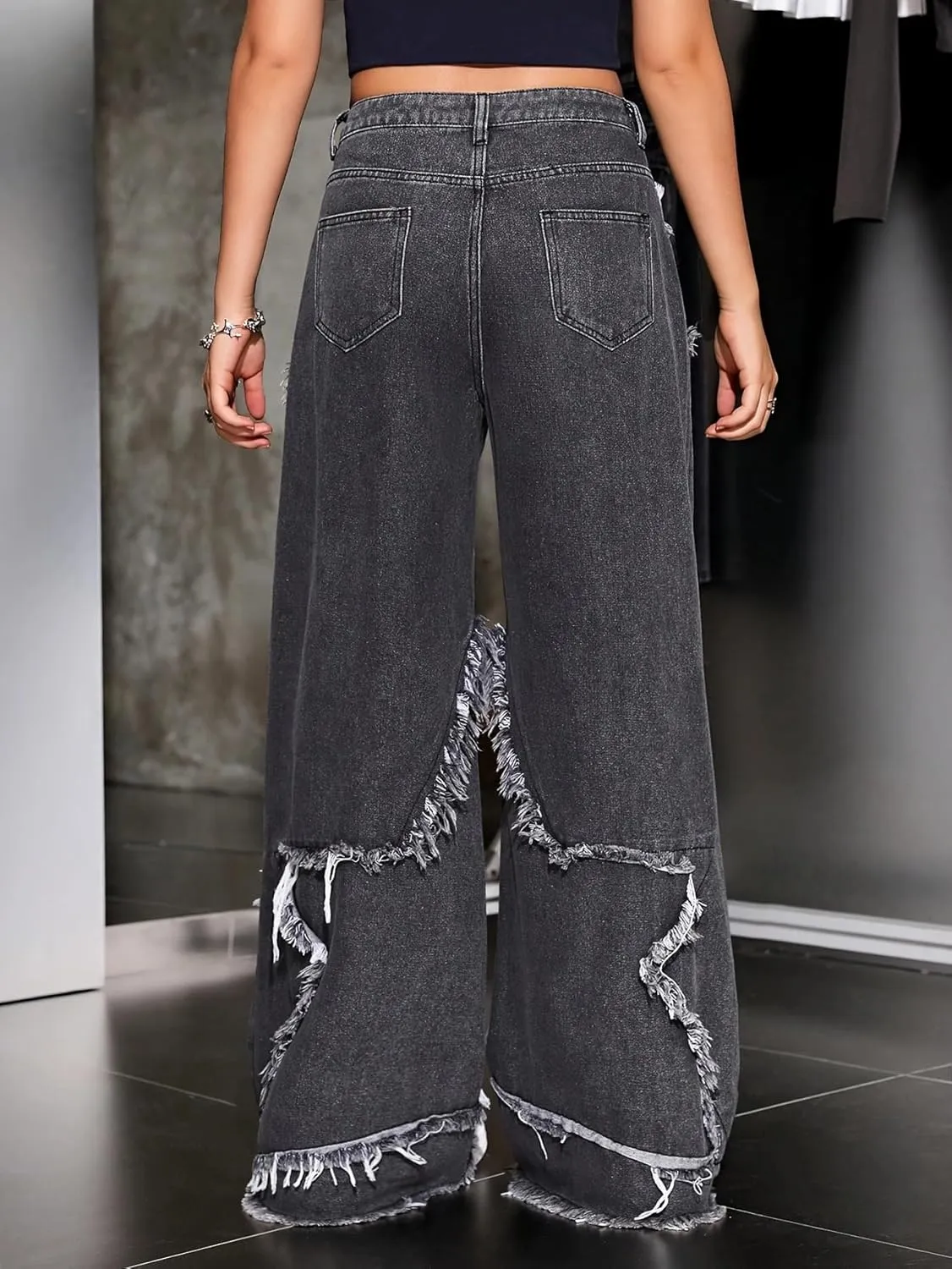 Y2K Baggy Jeans for Women Girls Star Patchwork Wide Leg Raw Hem Denim Pants Hip Hop Streetwear Preppy Clothes