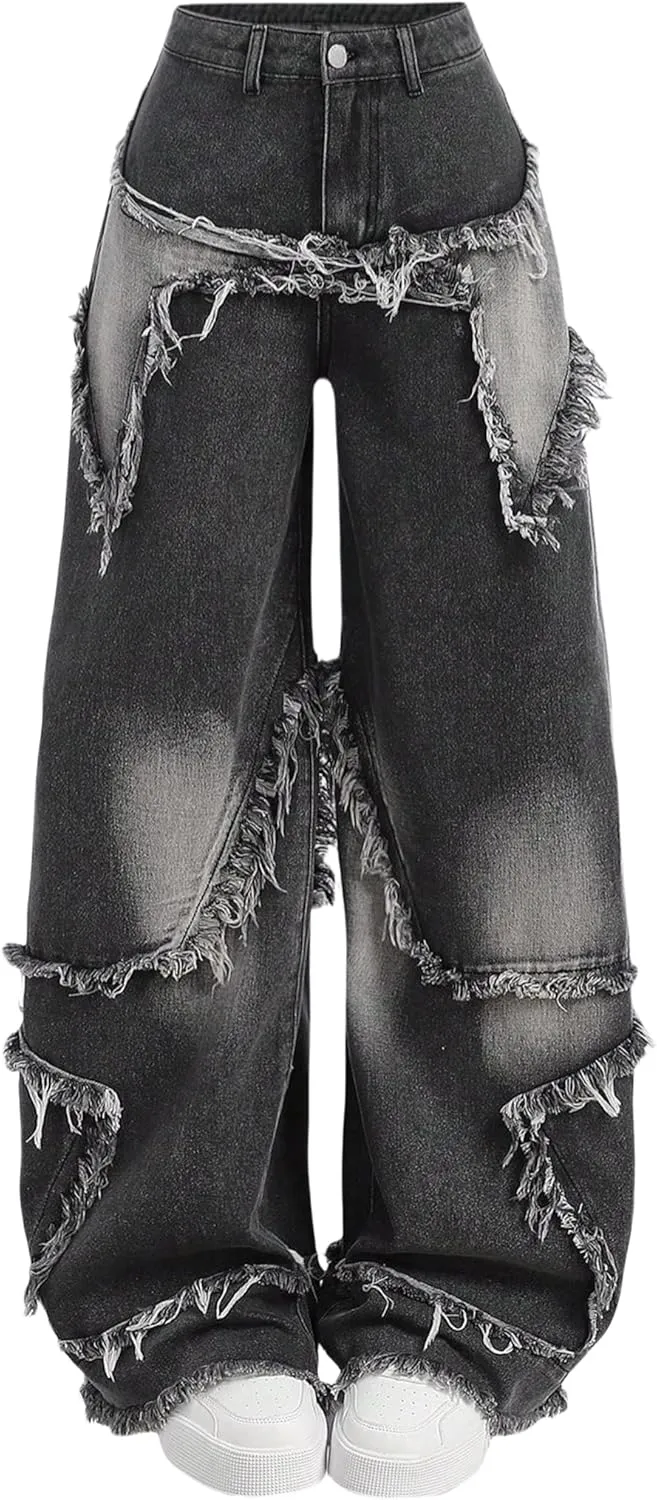 Y2K Baggy Jeans for Women Girls Star Patchwork Wide Leg Raw Hem Denim Pants Hip Hop Streetwear Preppy Clothes