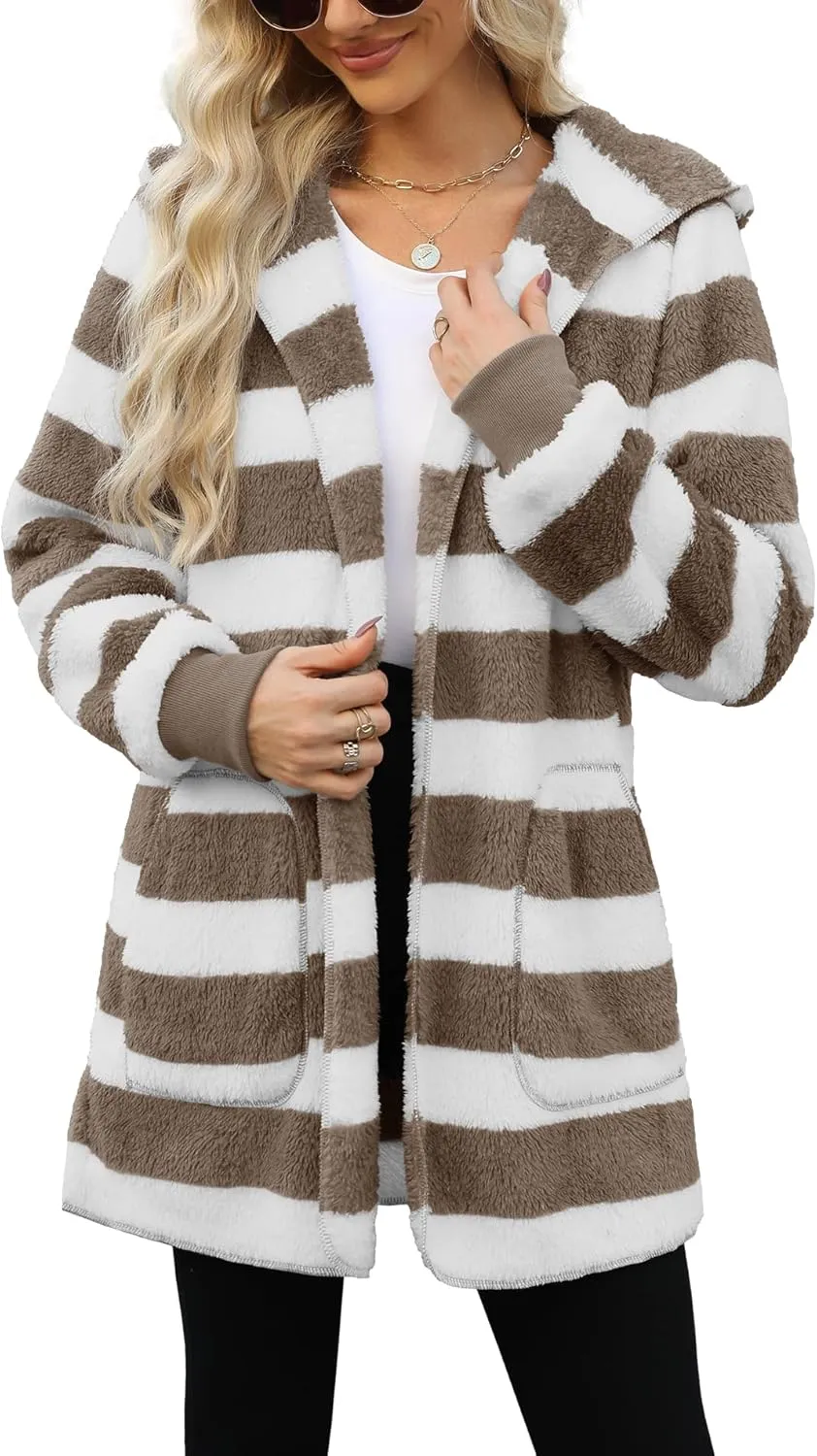Yanekop Womens Fuzzy Fleece Jacket Open Front Hooded Cardigan Sherpa Outerwear Warm Coats with Pockets
