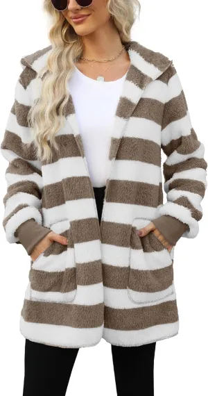 Yanekop Womens Fuzzy Fleece Jacket Open Front Hooded Cardigan Sherpa Outerwear Warm Coats with Pockets