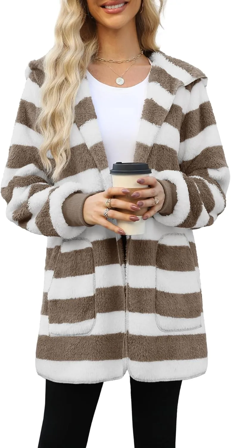 Yanekop Womens Fuzzy Fleece Jacket Open Front Hooded Cardigan Sherpa Outerwear Warm Coats with Pockets