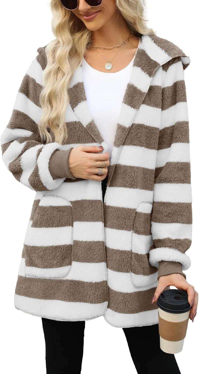 Yanekop Womens Fuzzy Fleece Jacket Open Front Hooded Cardigan Sherpa Outerwear Warm Coats with Pockets