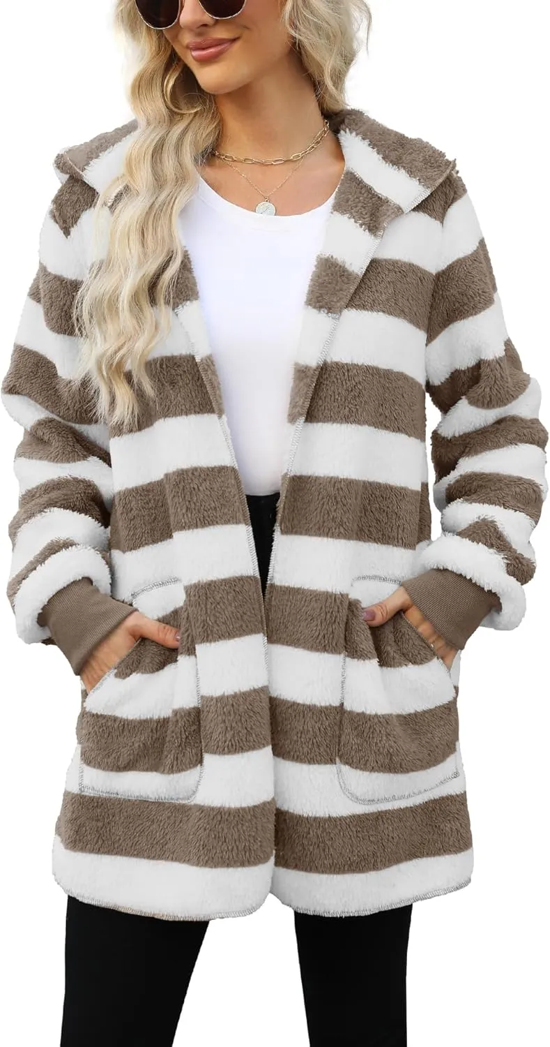 Yanekop Womens Fuzzy Fleece Jacket Open Front Hooded Cardigan Sherpa Outerwear Warm Coats with Pockets