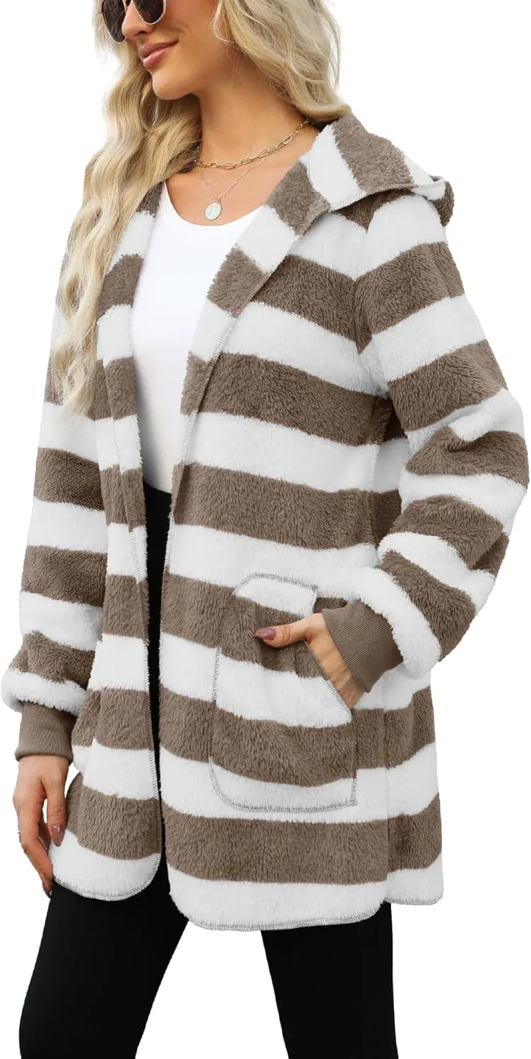 Yanekop Womens Fuzzy Fleece Jacket Open Front Hooded Cardigan Sherpa Outerwear Warm Coats with Pockets