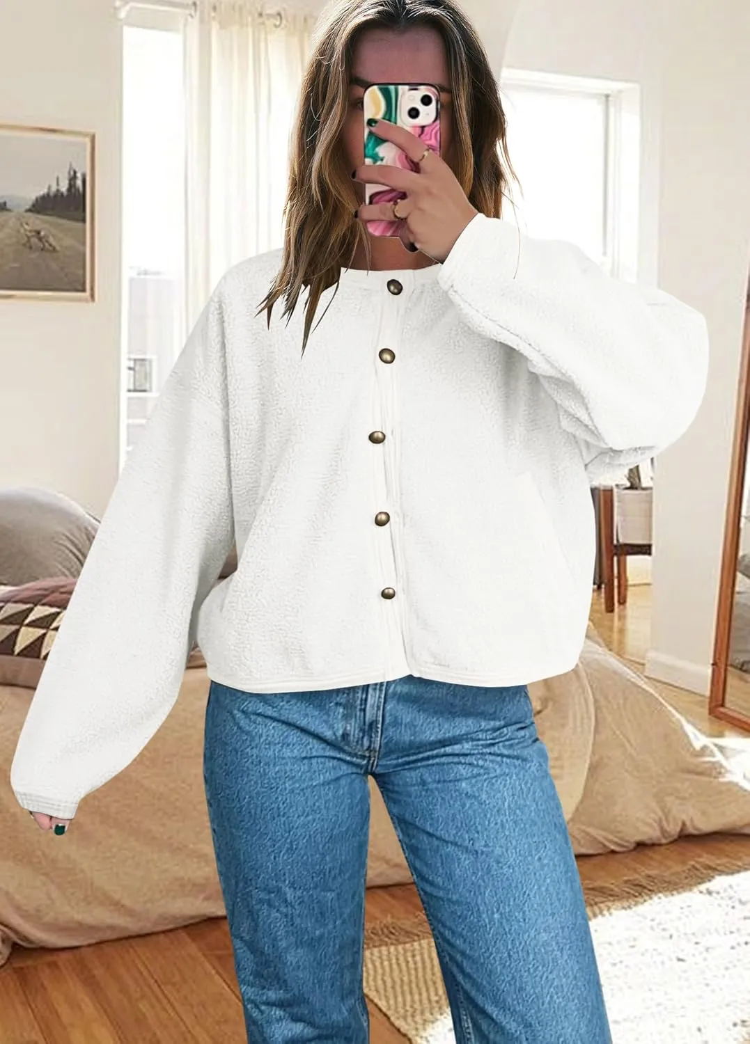 Yanekop Womens Sherpa Jacket Button Down Fleece Winter Coat Fuzzy Jackets Chunky Cardigan Sweaters Open Knit Sweater