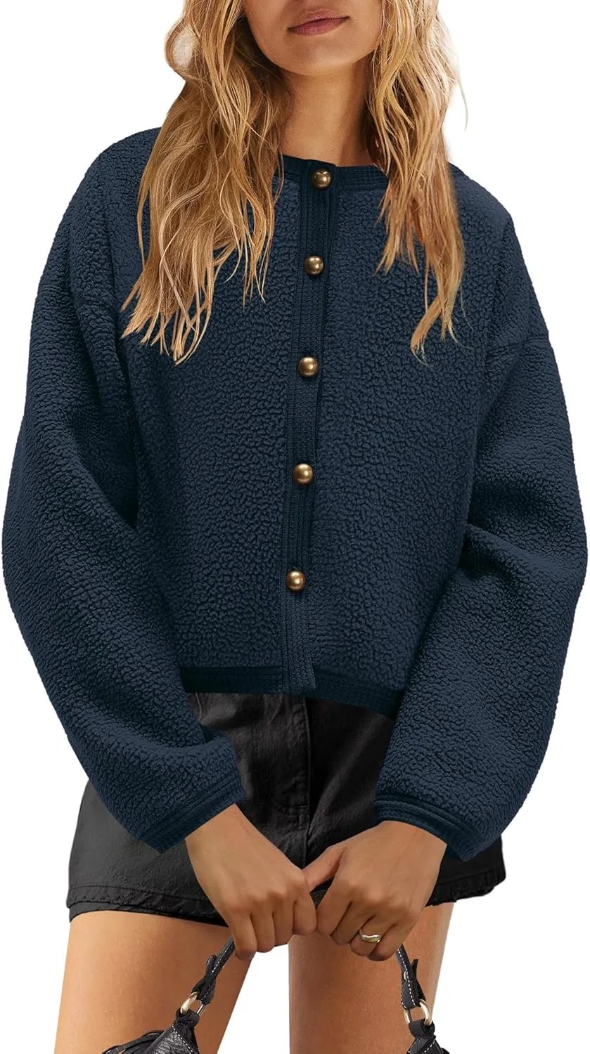 Yanekop Womens Sherpa Jacket Button Down Fleece Winter Coat Fuzzy Jackets Chunky Cardigan Sweaters Open Knit Sweater