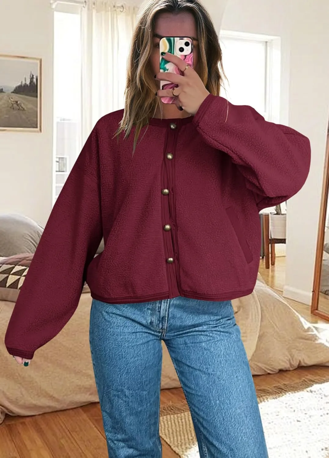 Yanekop Womens Sherpa Jacket Button Down Fleece Winter Coat Fuzzy Jackets Chunky Cardigan Sweaters Open Knit Sweater