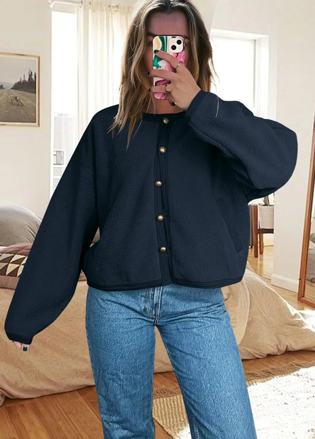 Yanekop Womens Sherpa Jacket Button Down Fleece Winter Coat Fuzzy Jackets Chunky Cardigan Sweaters Open Knit Sweater