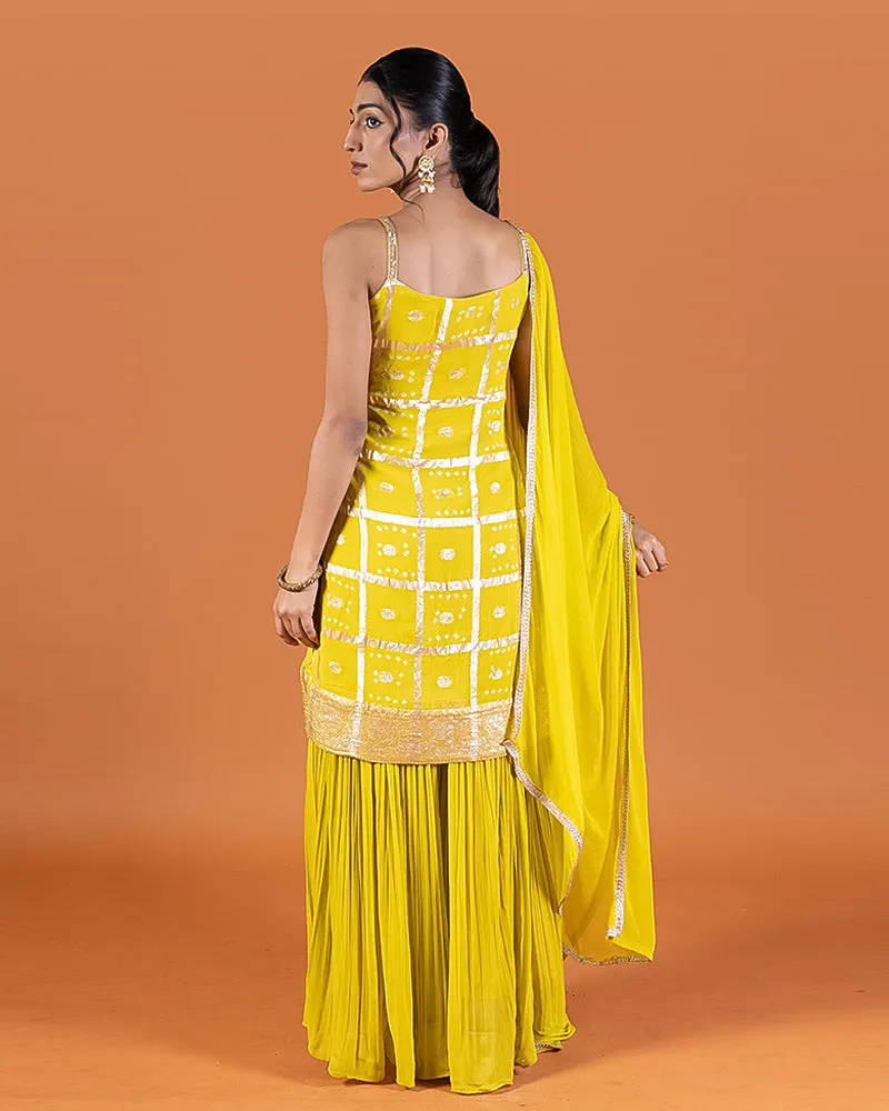 Yellow Zari Embellished Peplum Top with Palazzo Pants and Dupatta