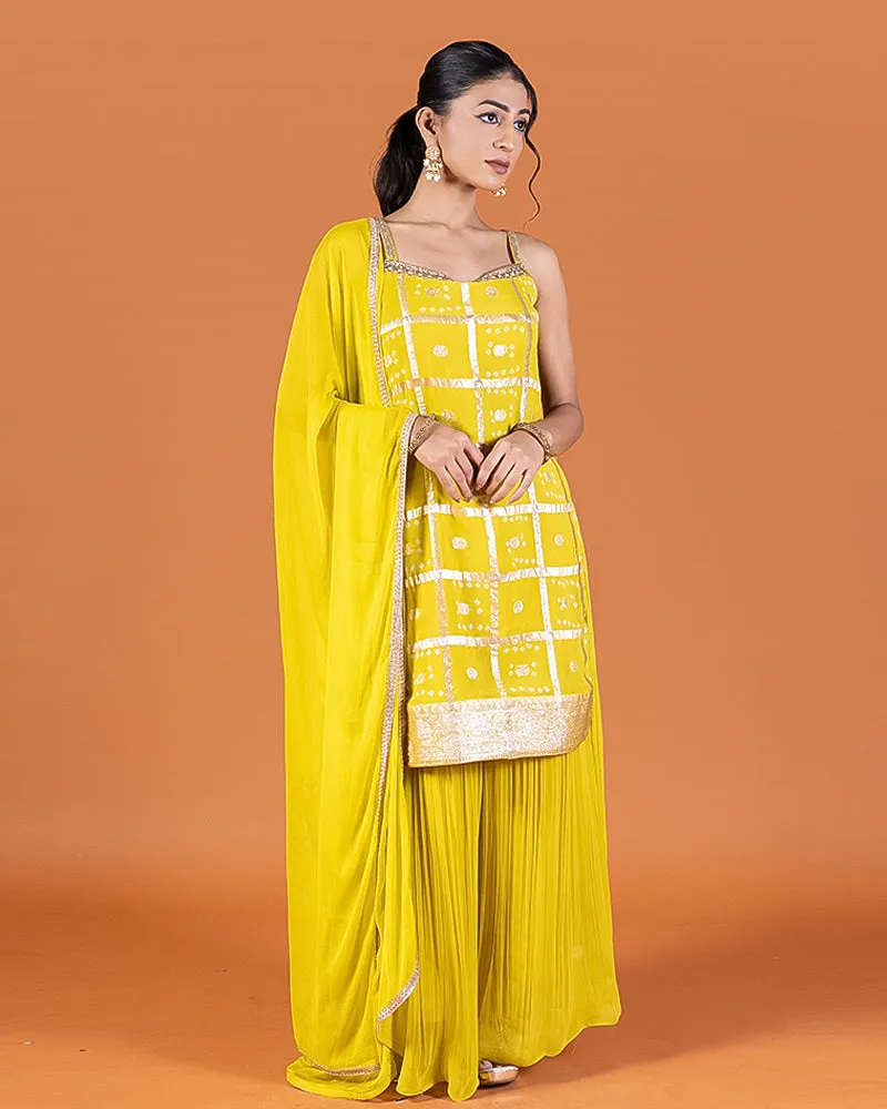 Yellow Zari Embellished Peplum Top with Palazzo Pants and Dupatta