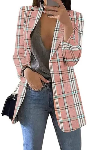 Yeshire Women's Lapel Double Breasted Plaid Formal Work Office Blazer Jacket Outwear