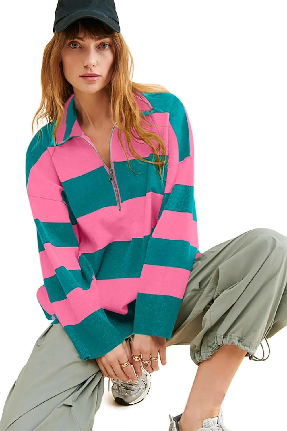 Yousify Oversized Womens Sweaters Fall 2024 Half Zipper Turtleneck Sweater Long Sleeve Tops S-2XL