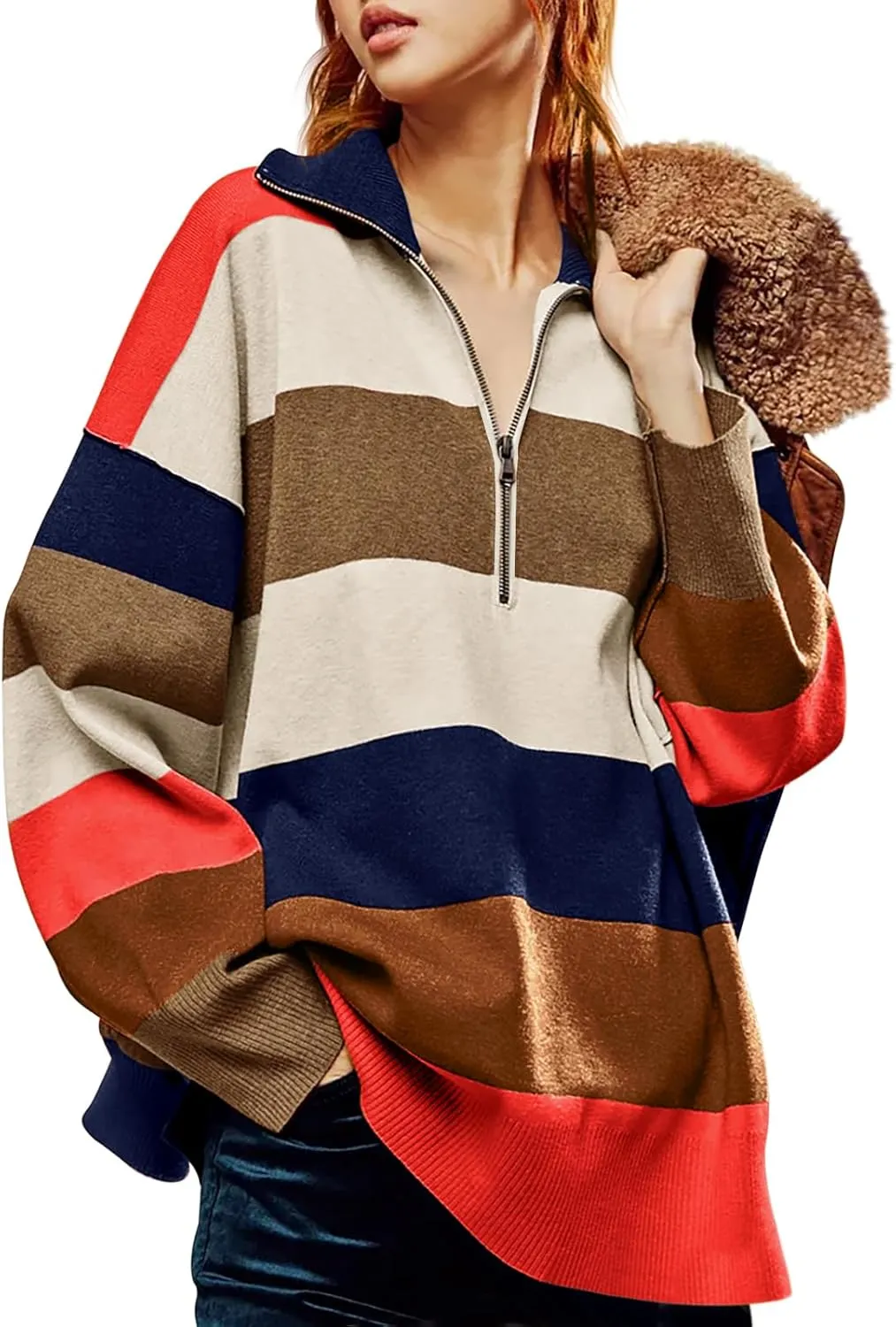 Yousify Oversized Womens Sweaters Fall 2024 Half Zipper Turtleneck Sweater Long Sleeve Tops S-2XL
