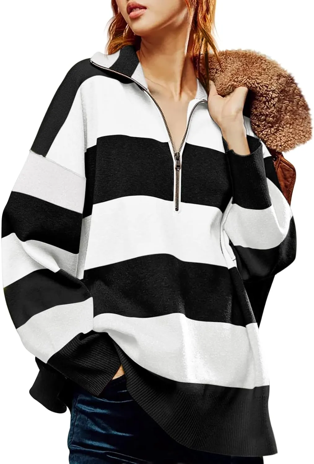Yousify Oversized Womens Sweaters Fall 2024 Half Zipper Turtleneck Sweater Long Sleeve Tops S-2XL