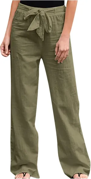 YRAETENM Fall Linen Pants for Women 2024 High Waist Beach Pants Drawstring Elastic Waist Wide Leg Trousers with Pockets