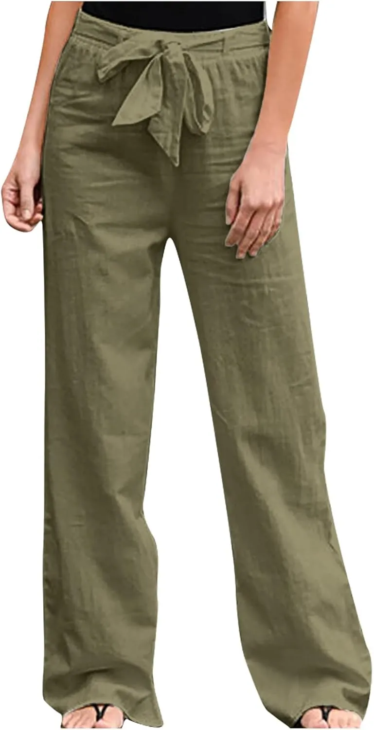 YRAETENM Fall Linen Pants for Women 2024 High Waist Beach Pants Drawstring Elastic Waist Wide Leg Trousers with Pockets