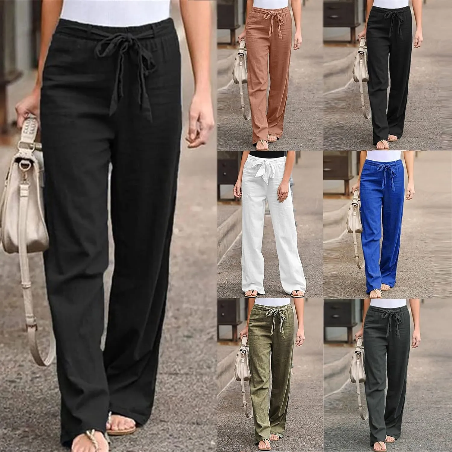 YRAETENM Fall Linen Pants for Women 2024 High Waist Beach Pants Drawstring Elastic Waist Wide Leg Trousers with Pockets