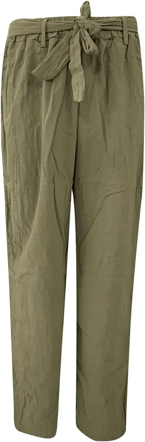 YRAETENM Fall Linen Pants for Women 2024 High Waist Beach Pants Drawstring Elastic Waist Wide Leg Trousers with Pockets