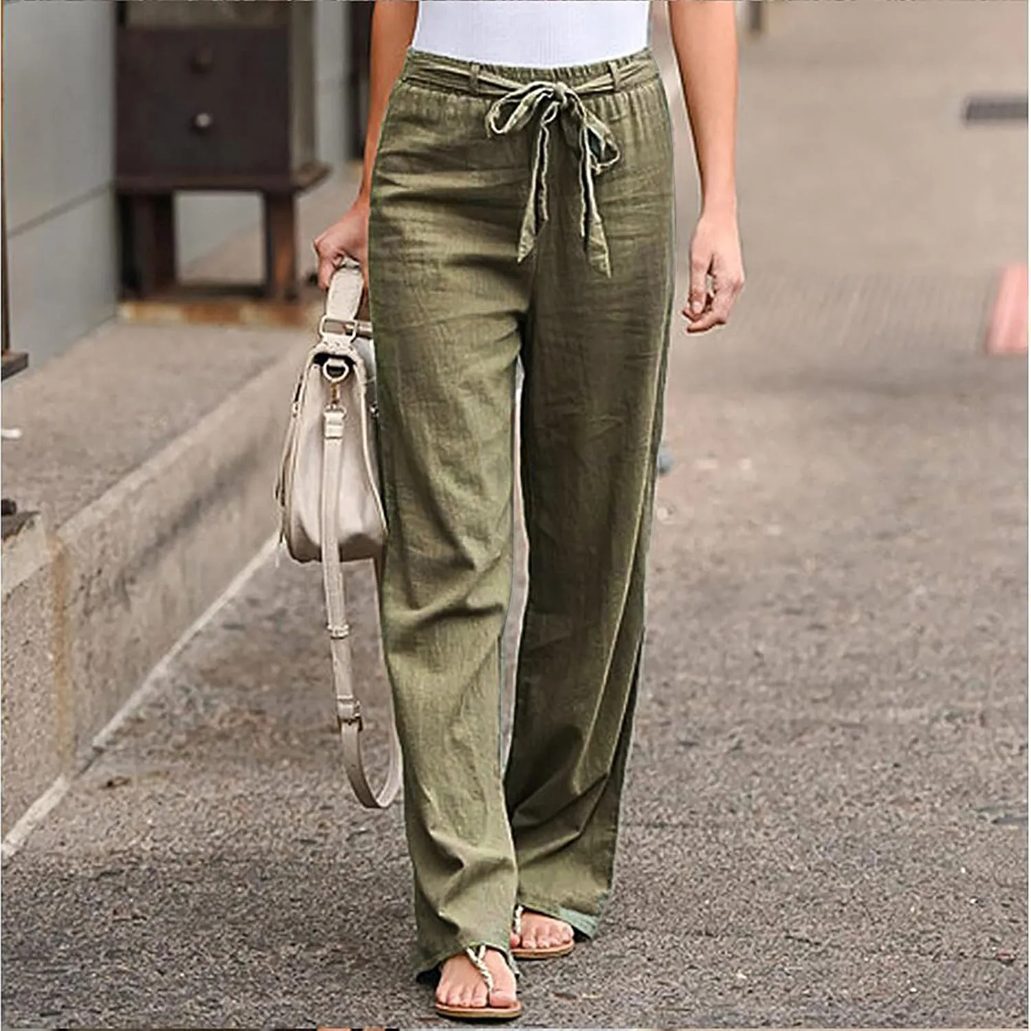 YRAETENM Fall Linen Pants for Women 2024 High Waist Beach Pants Drawstring Elastic Waist Wide Leg Trousers with Pockets